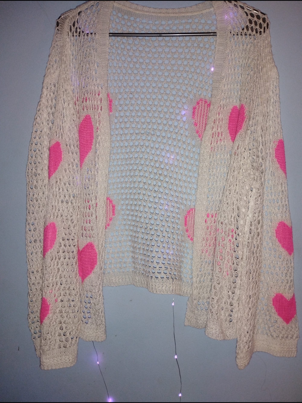 Source Unknown Cream Open-Knit Cardigan with Pink Heart Motif
